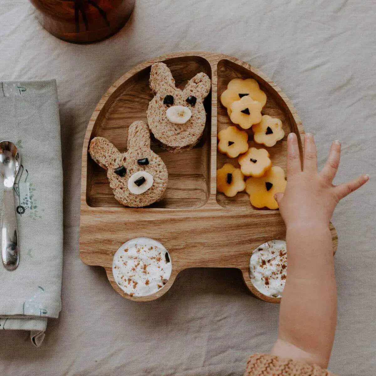 Blue brontide car wooden plate, divider plates, childrens Eco tableware uk.