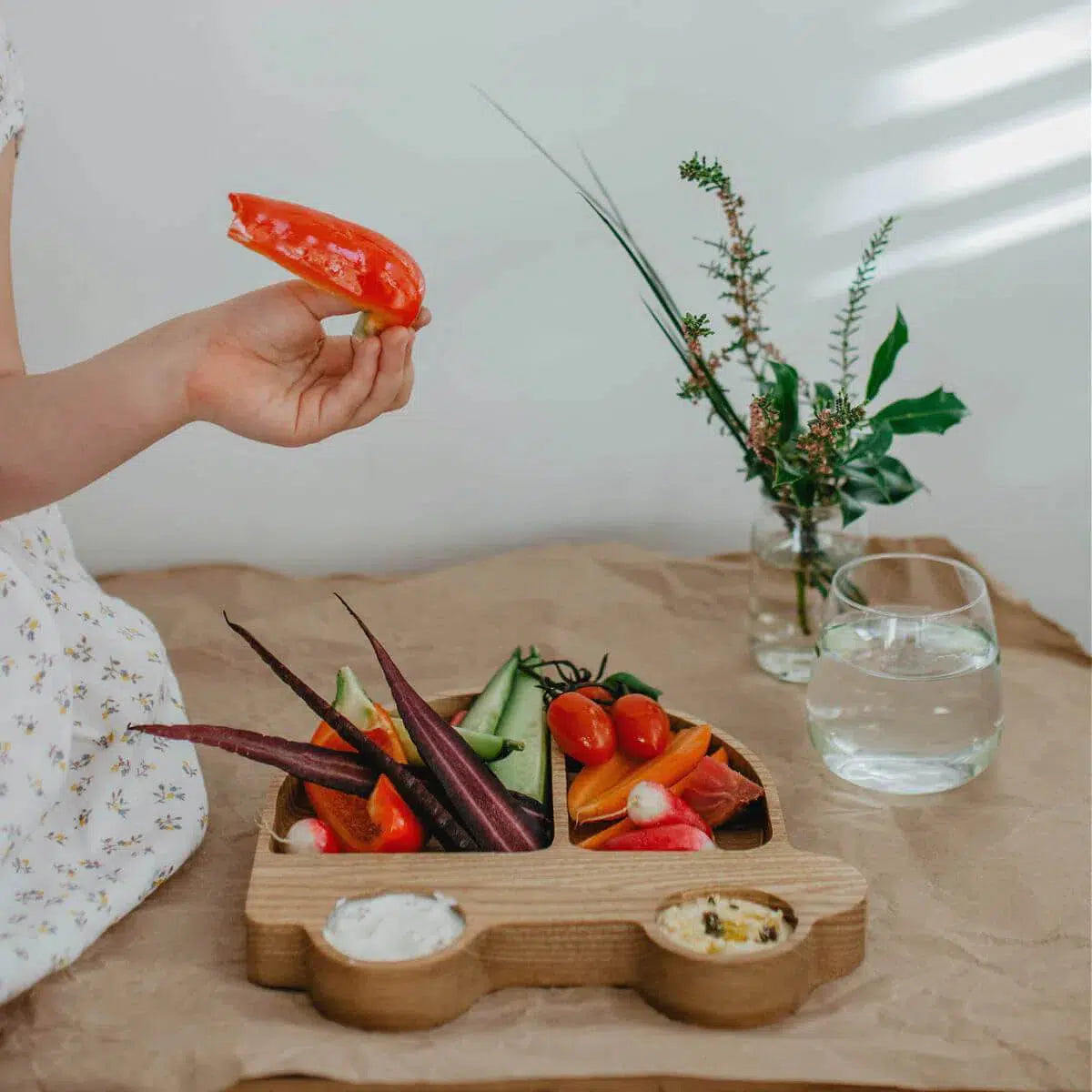 Blue brontide car wooden plate, divider plates, childrens Eco tableware uk.