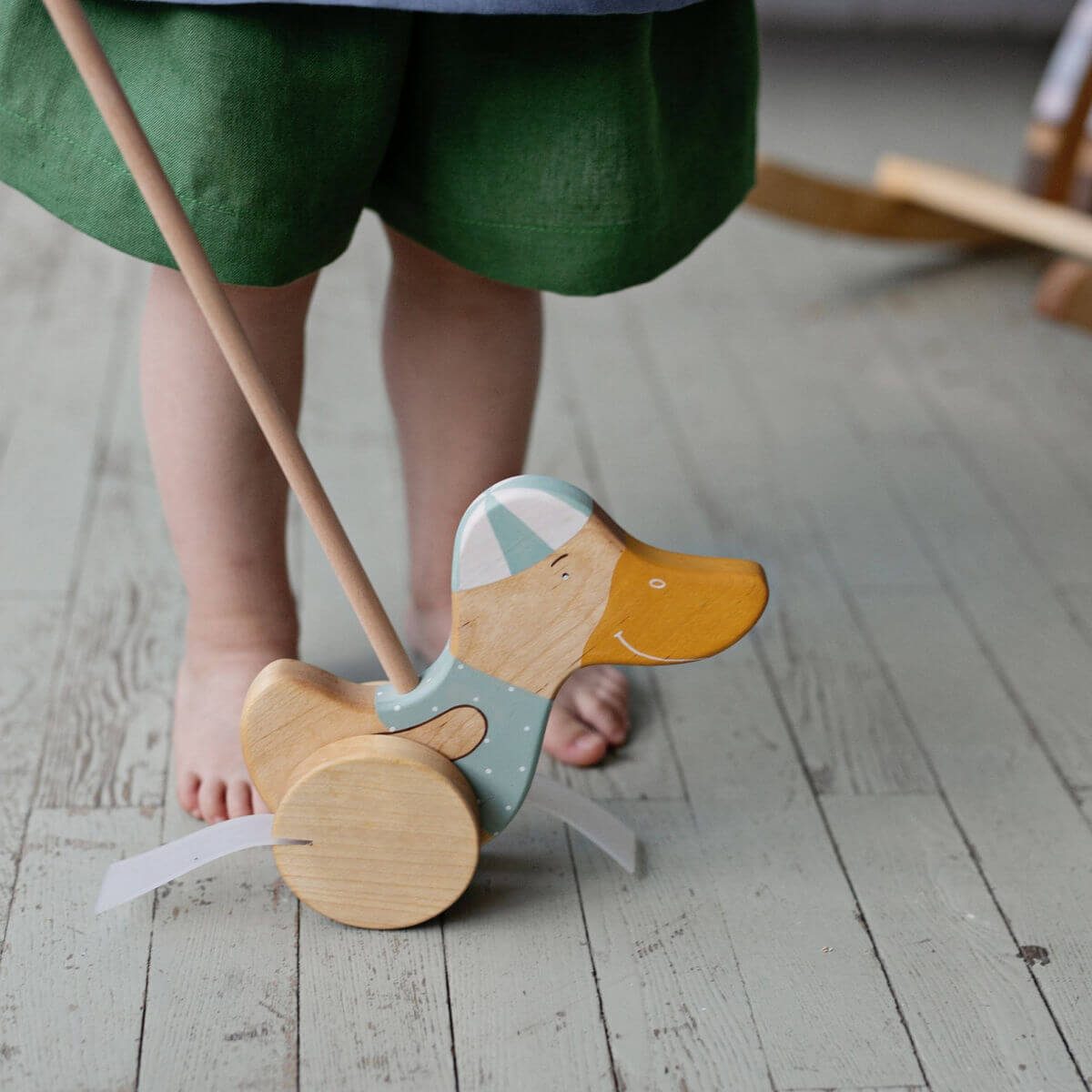 friendly toys wooden push along toy duck in green