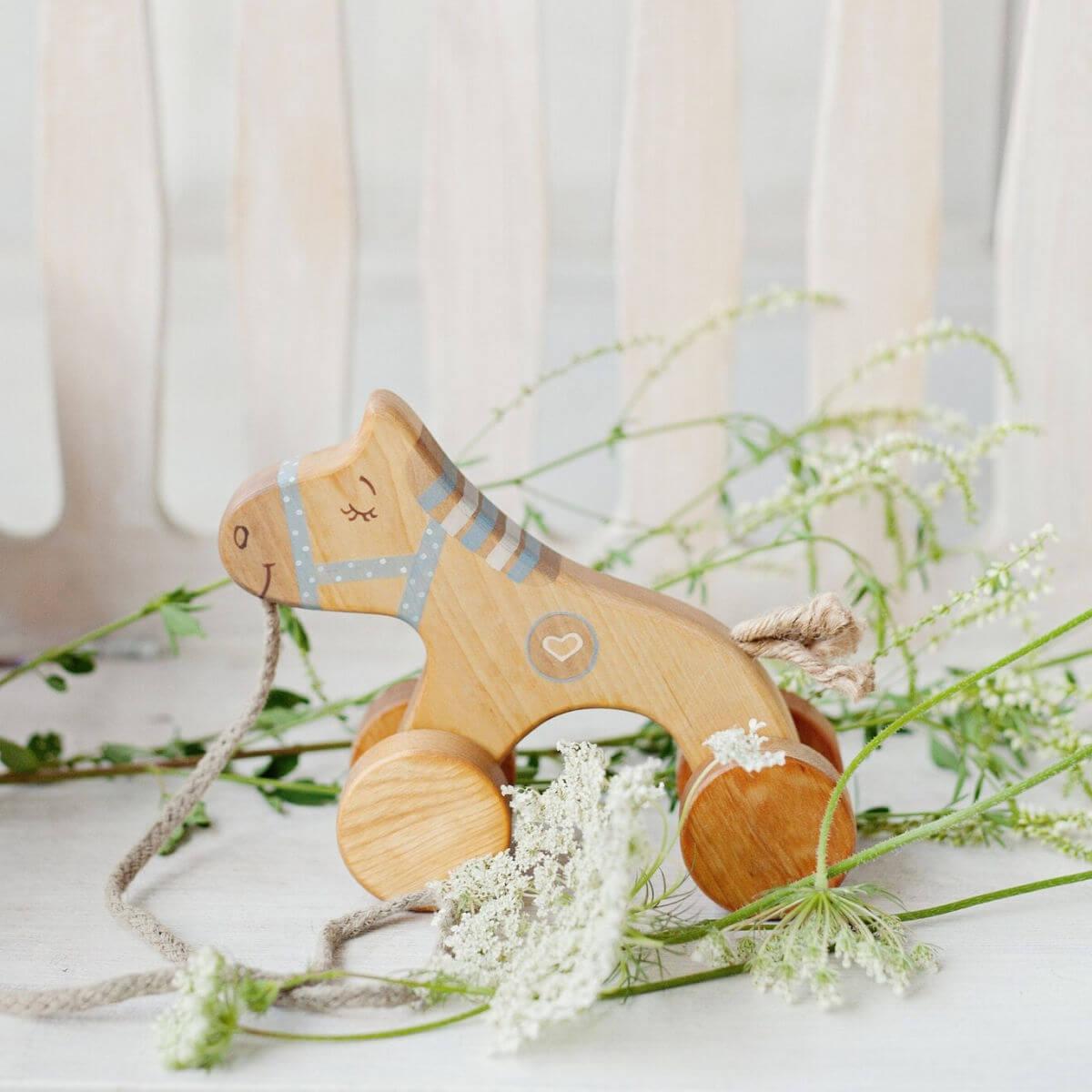 friendly toys handmade wooden pull along toy horse in blue