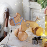 friendly toys handmade wooden pull along toy horse in blue