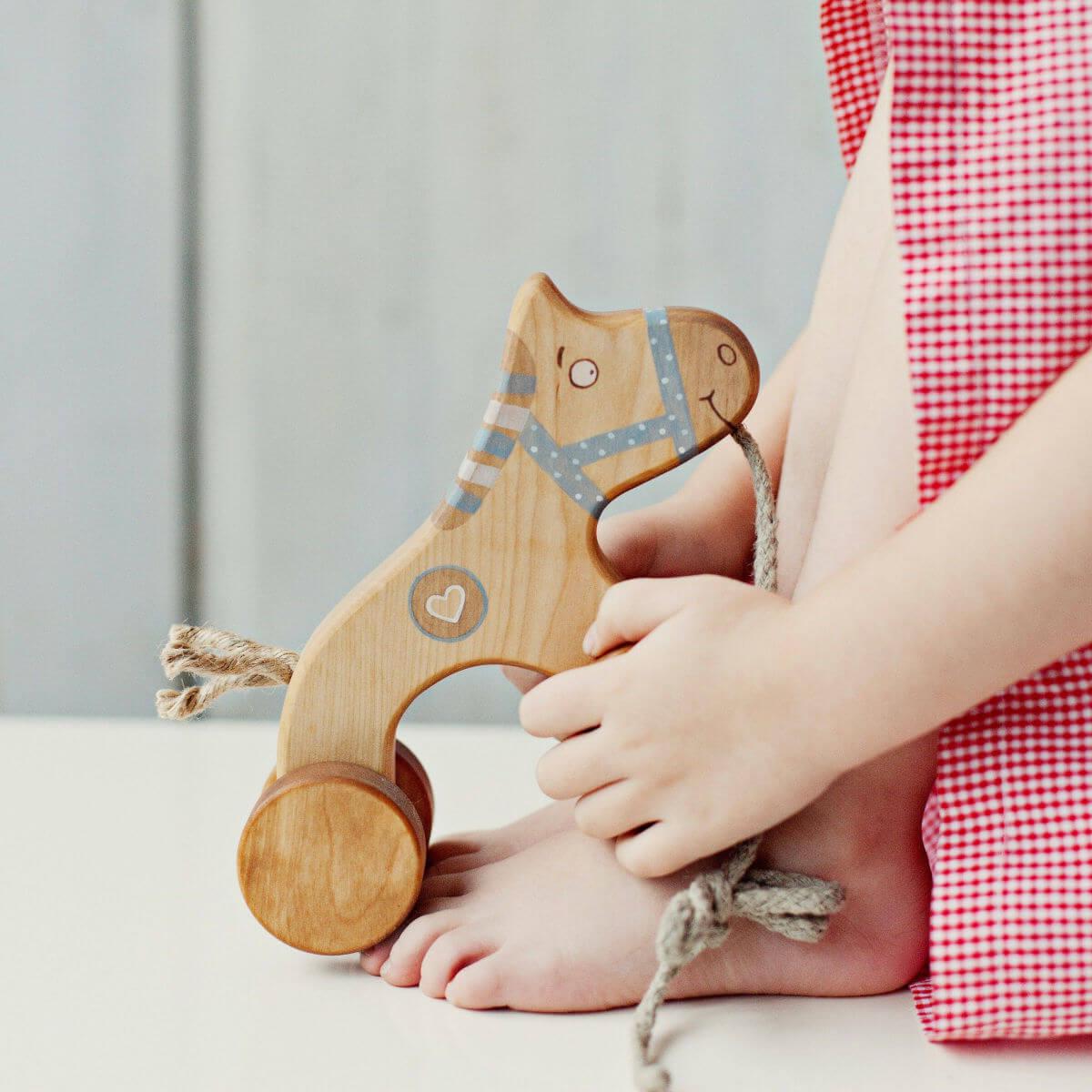 friendly toys handmade wooden pull along toy horse in blue