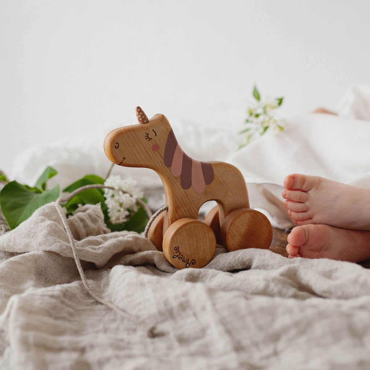 friendly toys wooden pull along toy unicorn