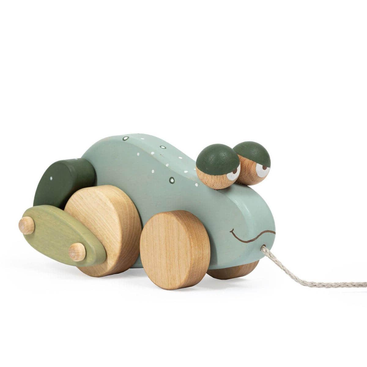 friendly toys wooden pull along toy frog in blue