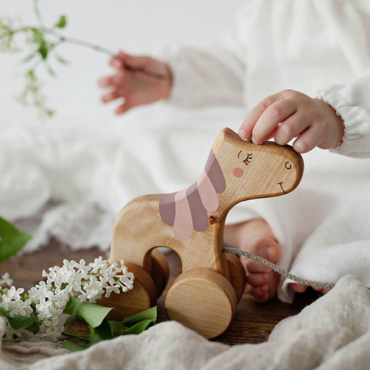 friendly toys wooden pull along toy unicorn