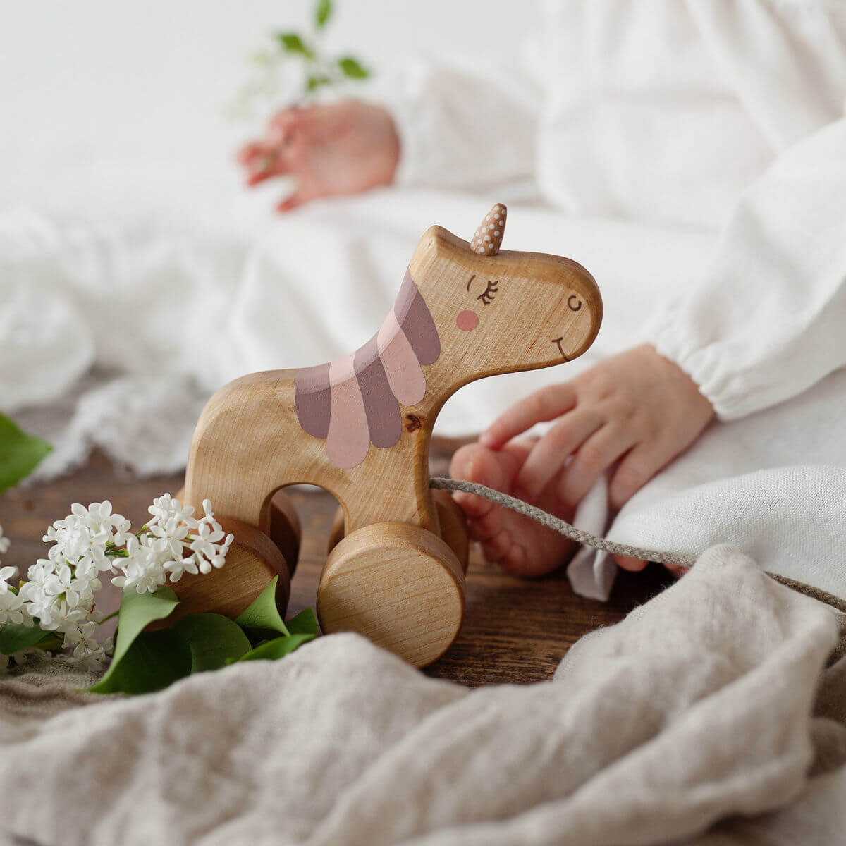 friendly toys wooden pull along toy unicorn