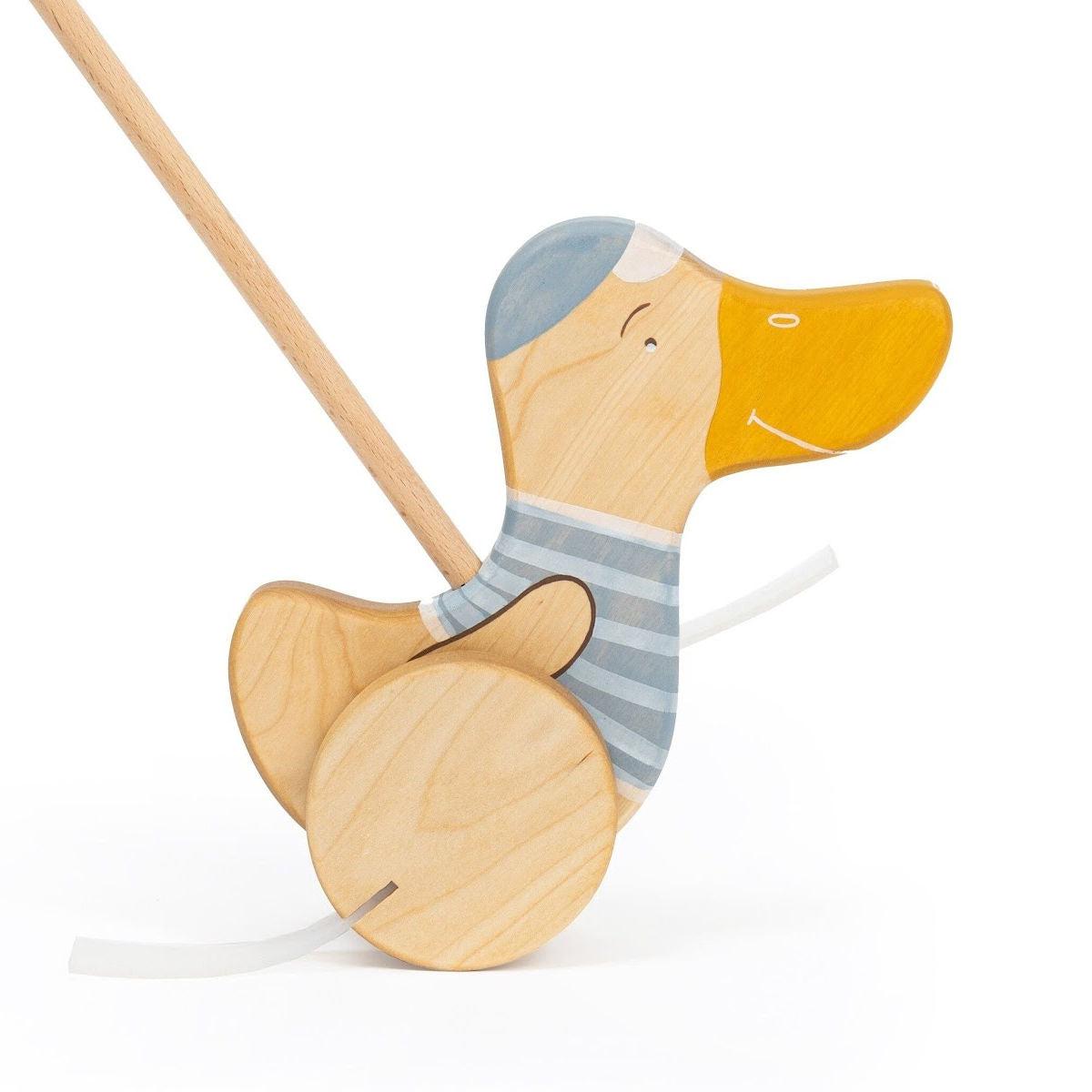 friendly toys wooden push along toy duck in blue