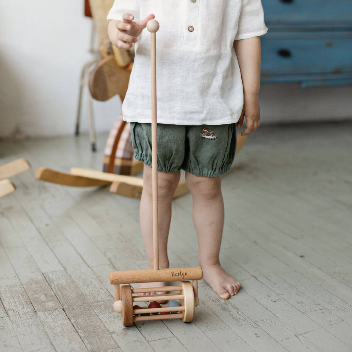 friendly toys push along wooden toy lawn mower