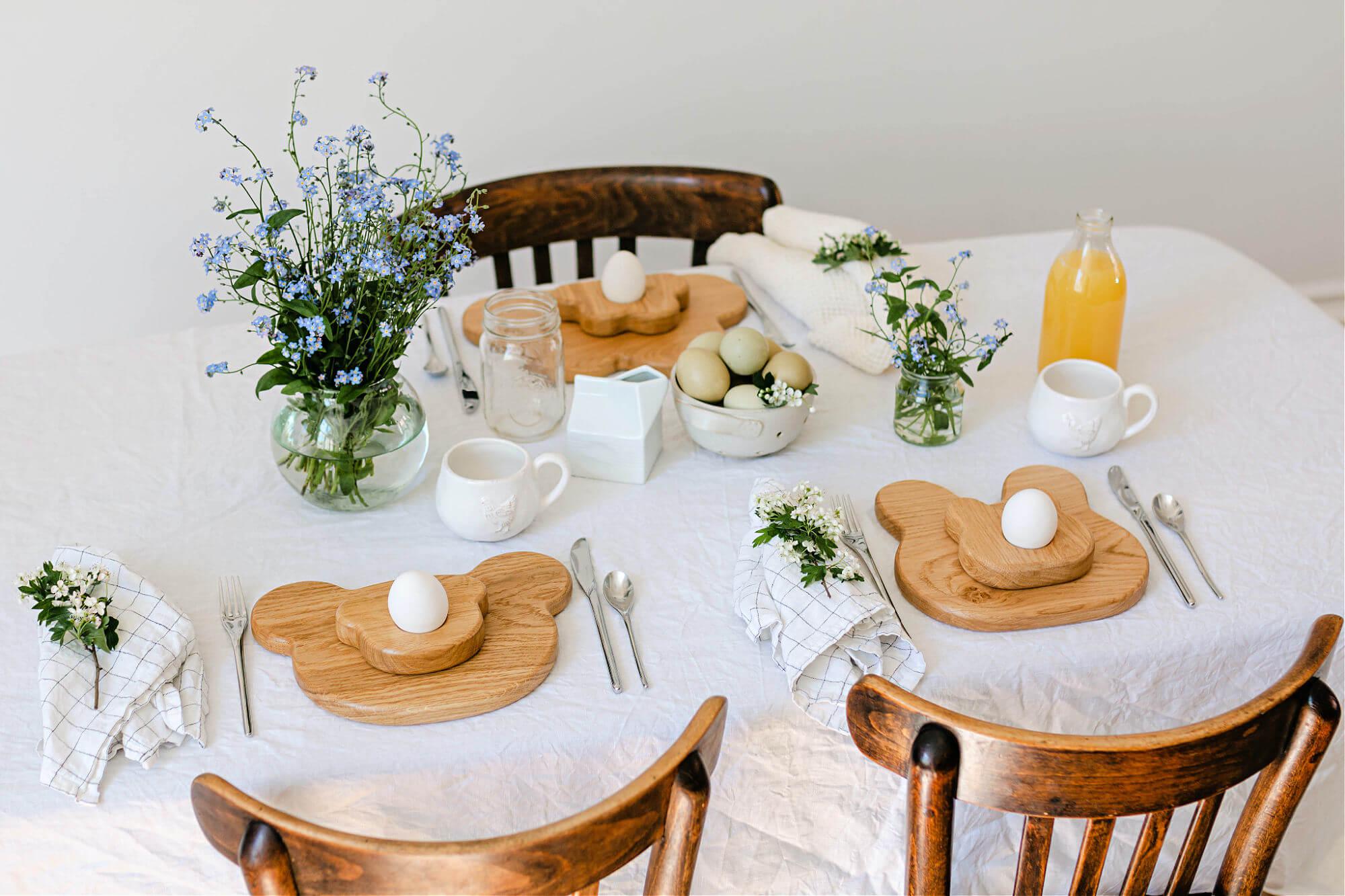 sustainable spring table setting with blue brontide breakfast sets