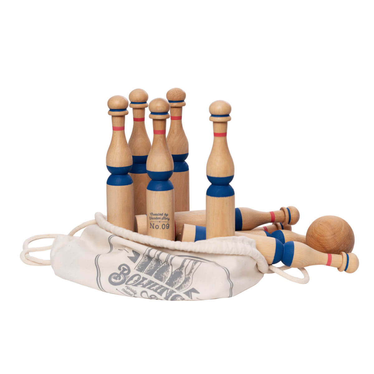 vintage wooden bowling set toy in blue by wooden story