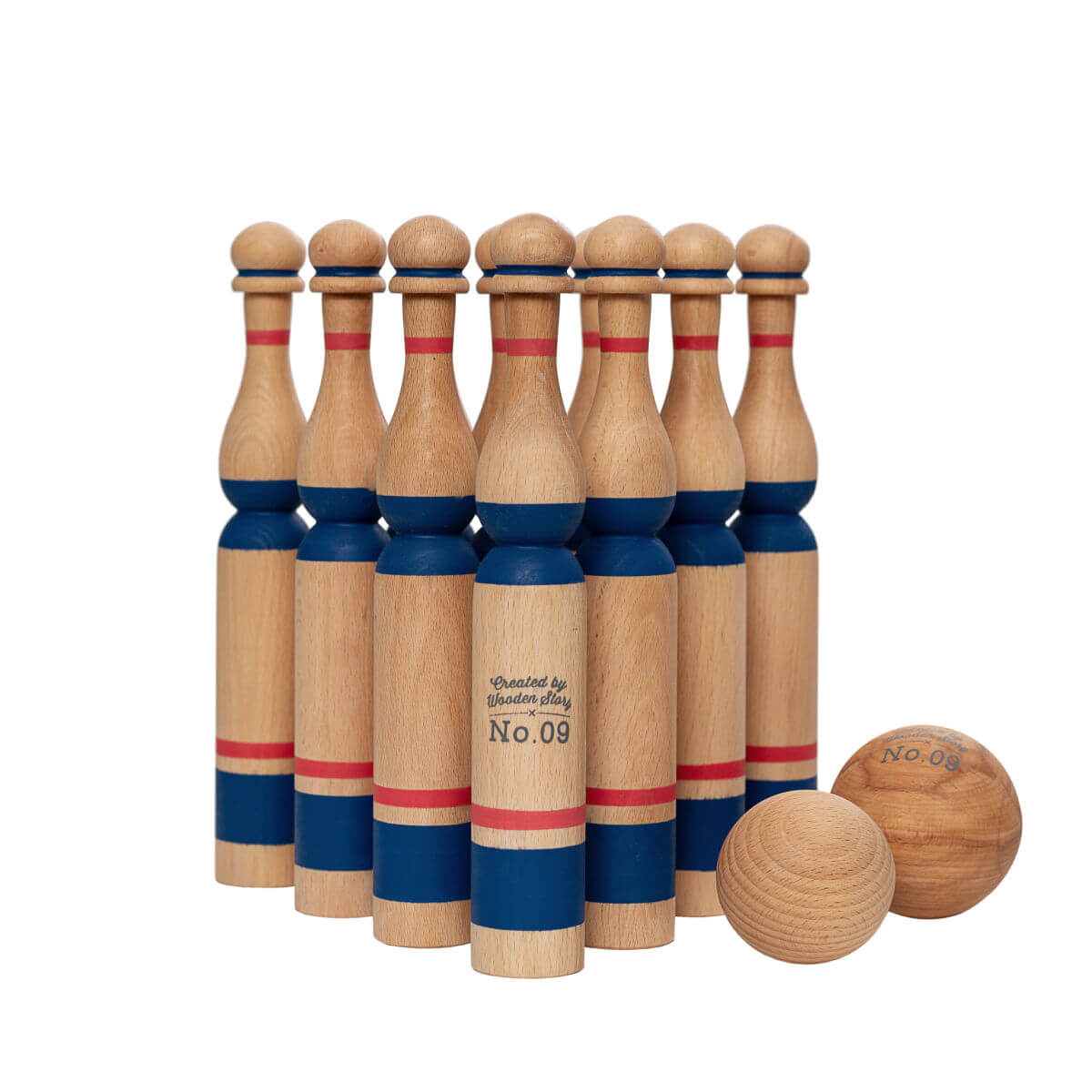 vintage wooden bowling set toy in blue by wooden story