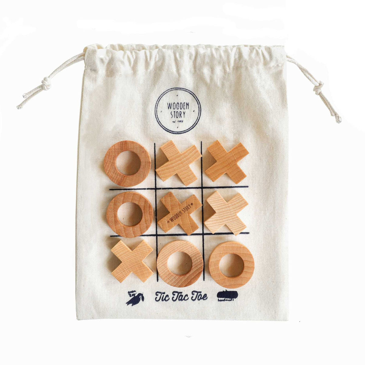 Wooden tic-tac-toe game with cotton drawstring bag by wooden story