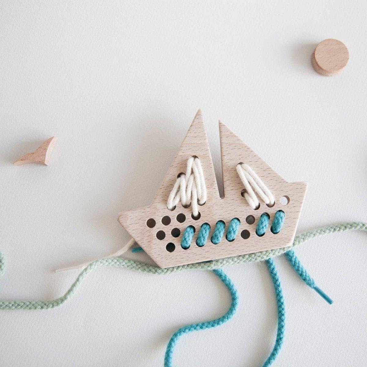 Natural Wooden Lacing Threading Toy - Boat