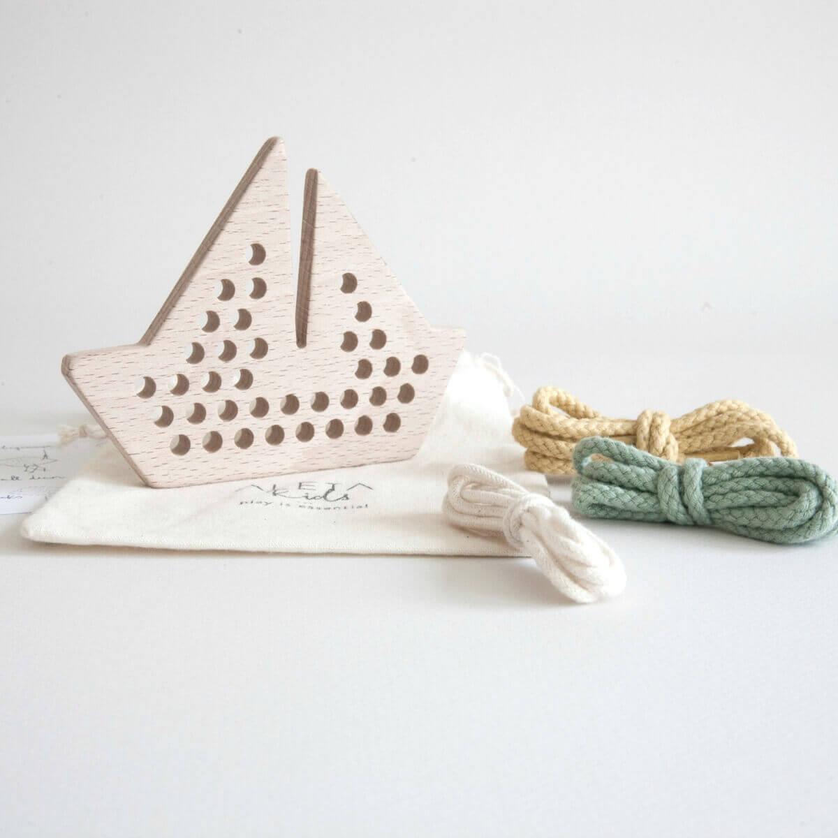 Natural Wooden Lacing Threading Toy - Boat