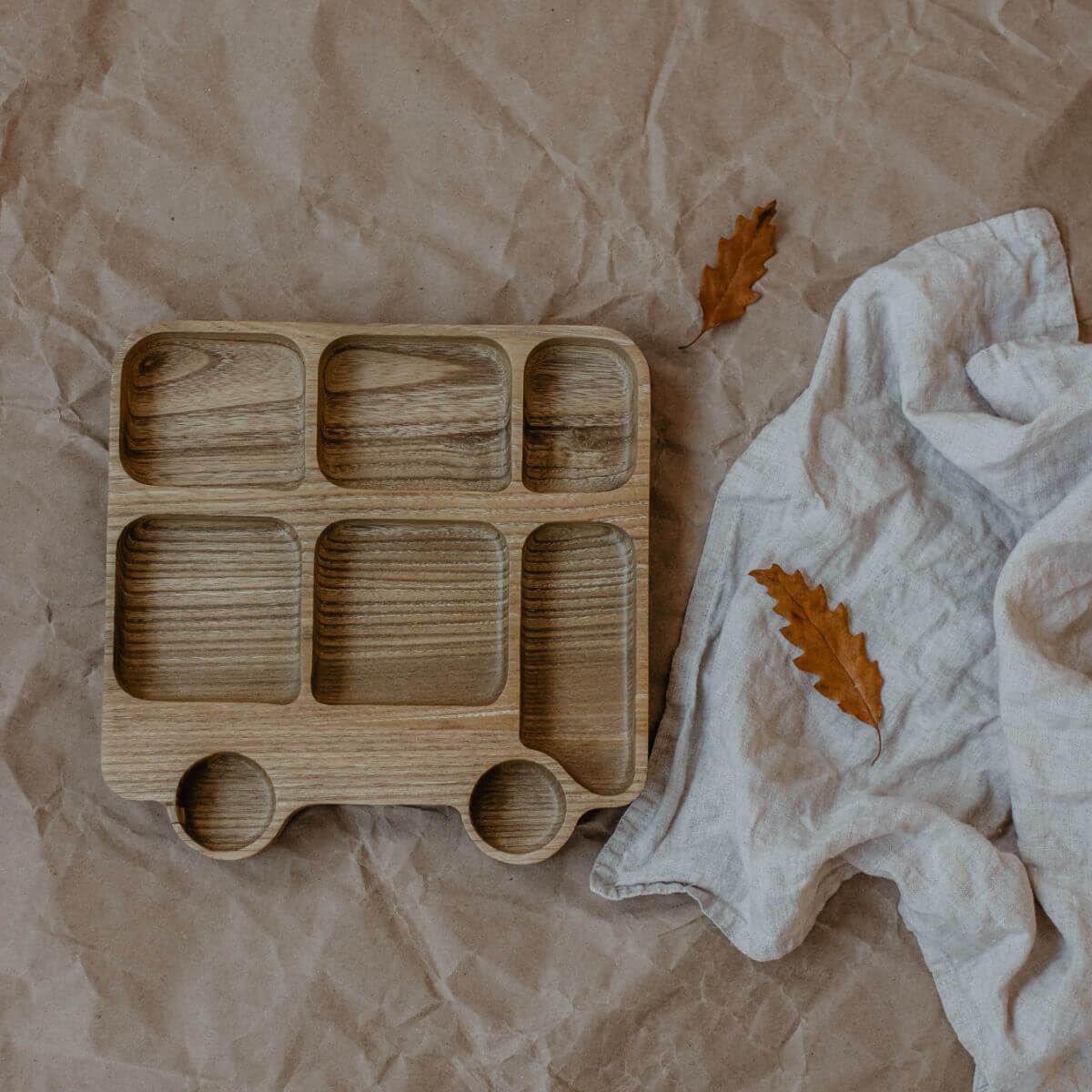 wooden kids divider plate in London bus children's wooden tableware at blue brontide