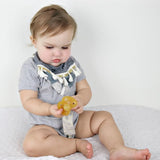 Organic dummy | pacifier | soother Clip in soft grey pom poms design at blue brontide uk