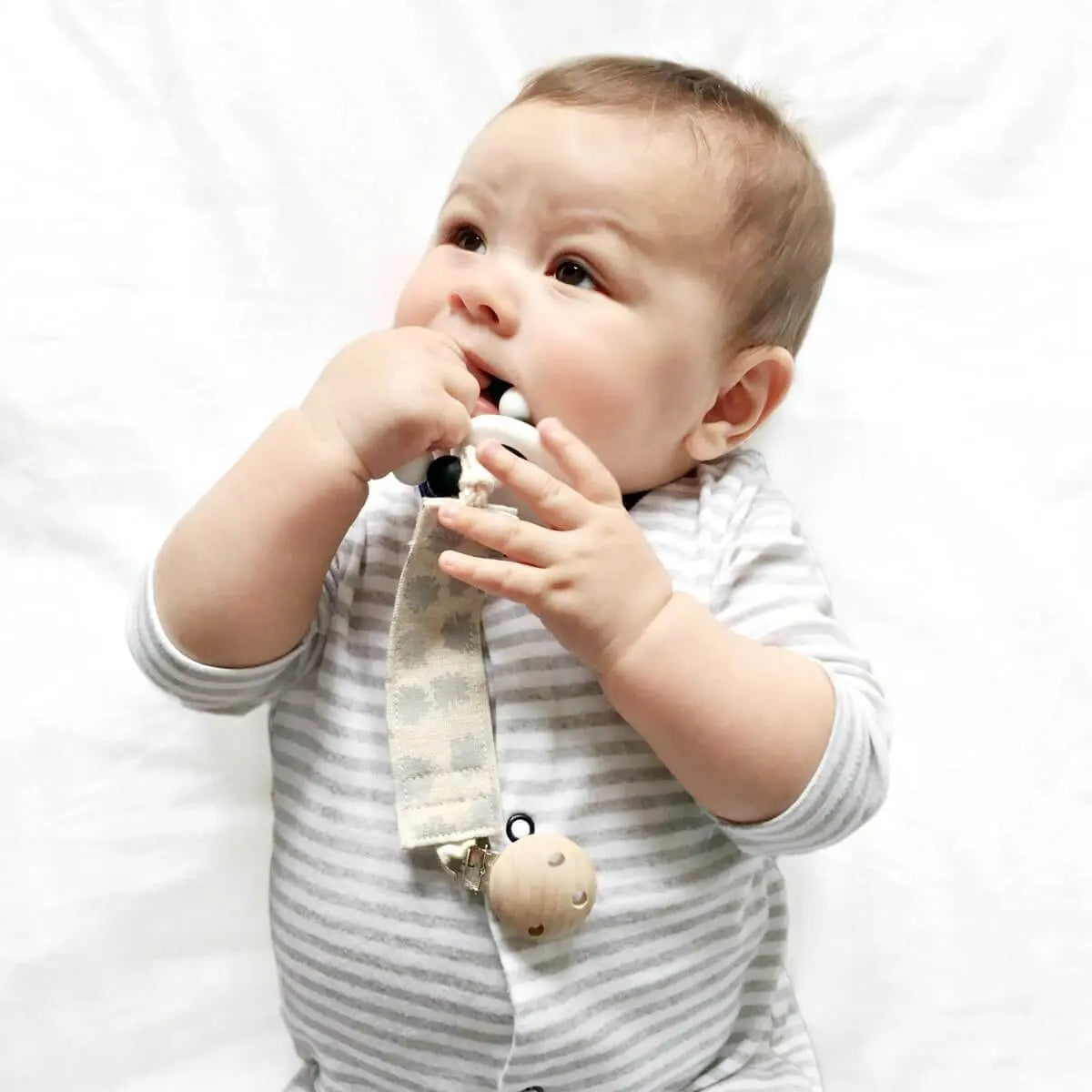 Organic dummy | pacifier | soother Clip in soft grey pom poms designat blue brontide uk
