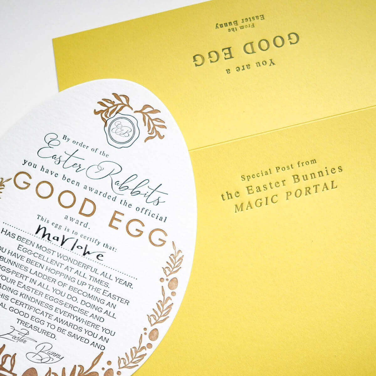 soch and co letter pressed children's good egg certificate Easter gifts