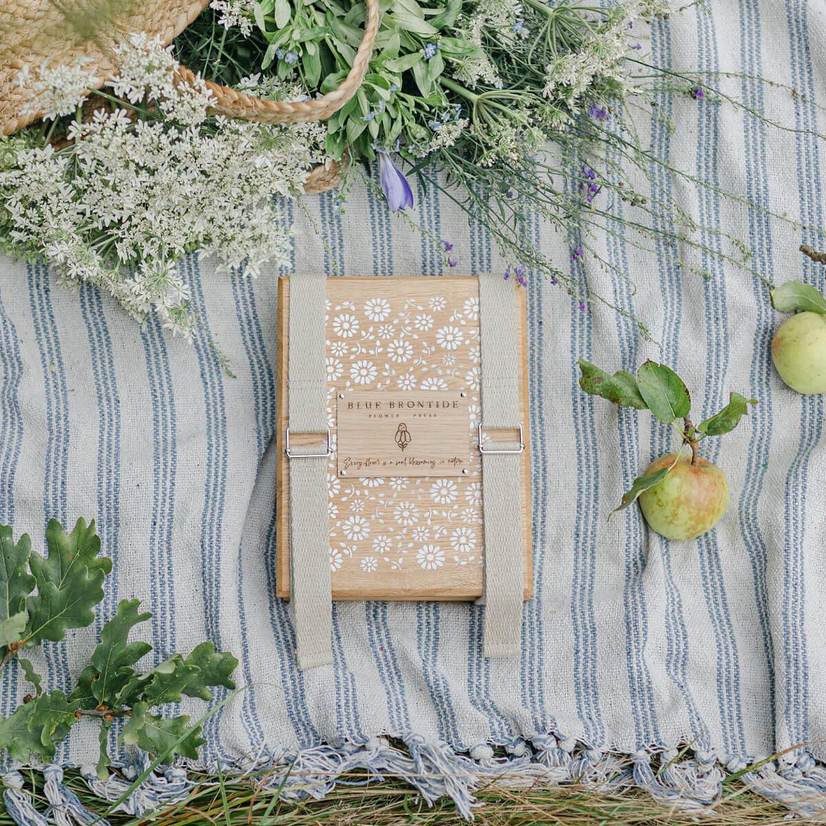 wooden flower press with straps in delicate daisy, flower pressing at blue brontide uk