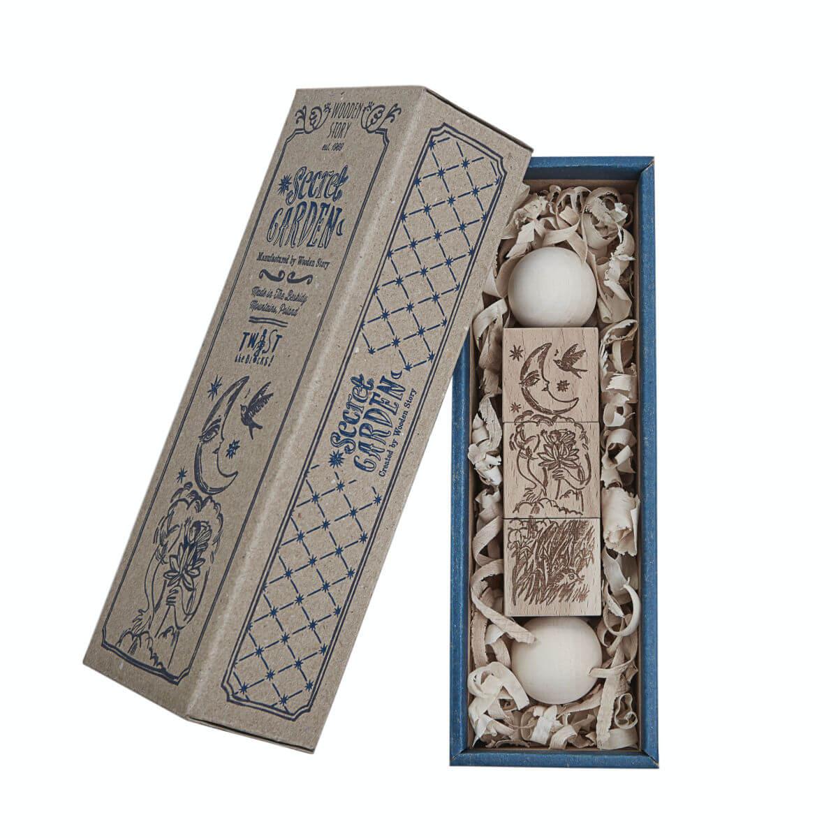 Twist the blocks children's wooden puzzle in secret garden design natural colours by wooden story