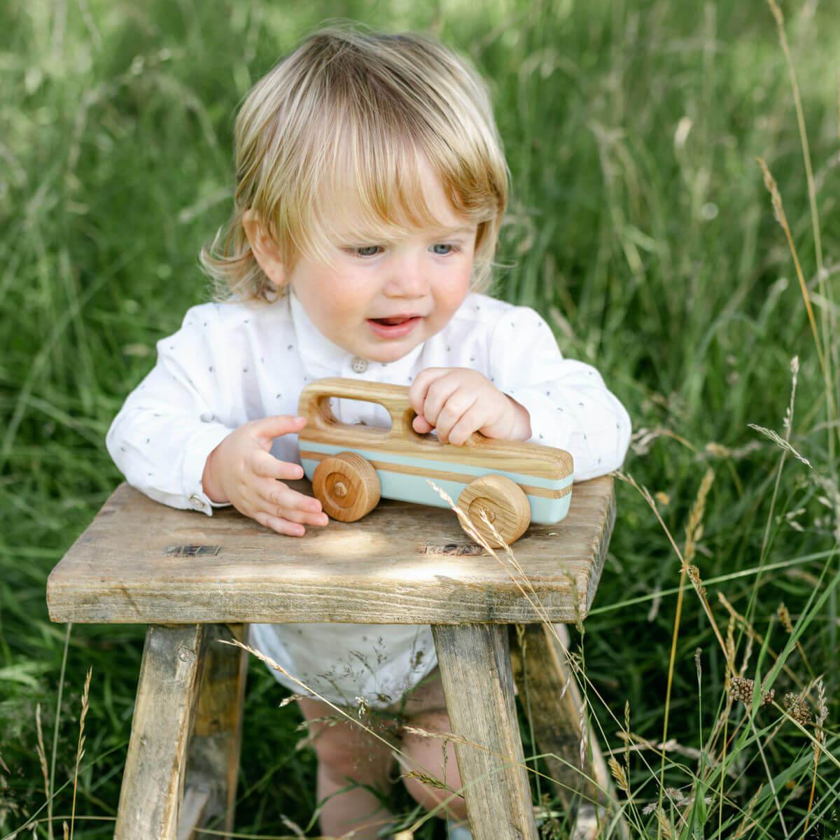 wooden retro toy car station wagon in duck egg by blue brontide