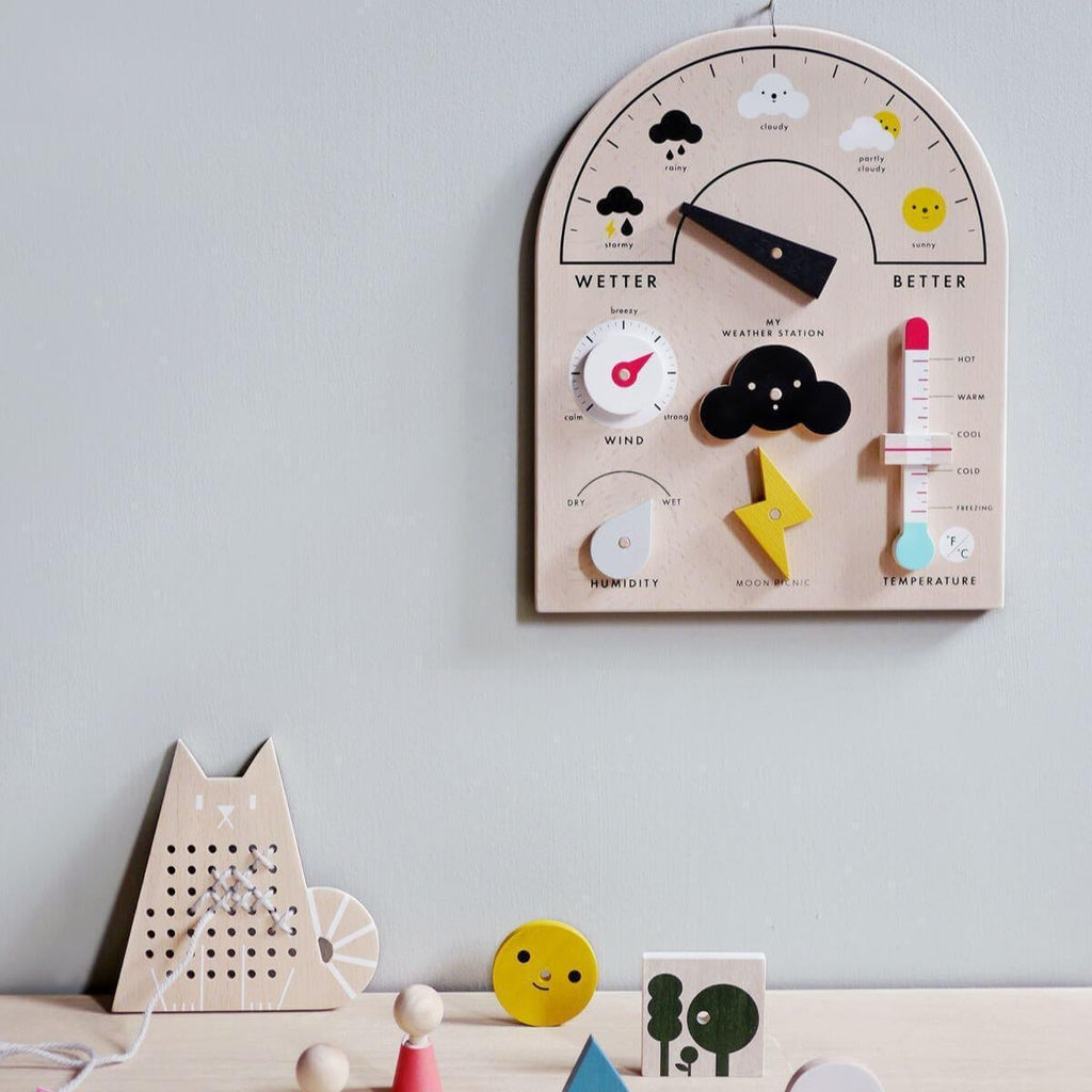 Moon picnic wooden toys at blue brontide