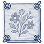 A square decorative tile or coaster featuring a blue floral vine pattern on a white background with blue scroll details in the corners.