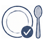 A simple icon-style illustration of a white plate and spoon outlined in dark blue, with a dark blue check mark over the plate.