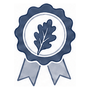 A stylized blue ribbon badge with a leaf emblem in the center, shown on a plain white background.