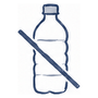 A simple blue line drawing of a plastic water bottle with a diagonal slash across it, shown on a plain white background.