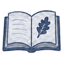 A stylized illustration of an open book with blue-gray outlines and white pages, featuring a blue leaf graphic on the right page.