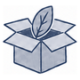 A simple line-art icon of an open cardboard box with a single leaf rising from the inside, shown on a plain white background.