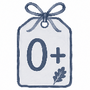 A stylized illustrated product tag with a ribbon bow at the top, large '0+' text, and a small leaf graphic on a white background.