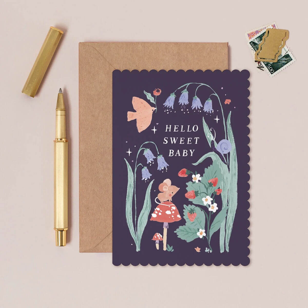 sister paper co illustrated greeting card with scalloped edge and Kraft envelope woodland new baby design.