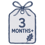 A white hanging tag with a blue border and ribbon bow, printed with the text '3 MONTHS+' and a small leaf icon.