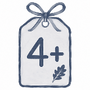 A hand-drawn style gift tag illustration with a blue border, ribbon bow at the top, the number 4 plus sign in the center, and a small leaf near the bottom on a white background.