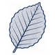 A single stylized leaf illustration in blue outline with a pale lavender-gray fill on a plain white background.