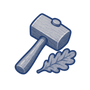 A stylized blue-gray hammer with a wooden handle and a matching leaf icon on a white background.