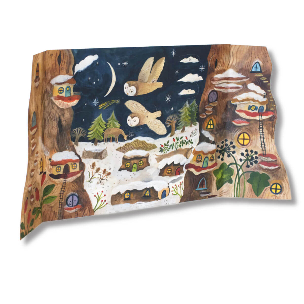 Winter magic advent calendar with a winter scene design featuring trees, houses, and animals by Gemma Koomen