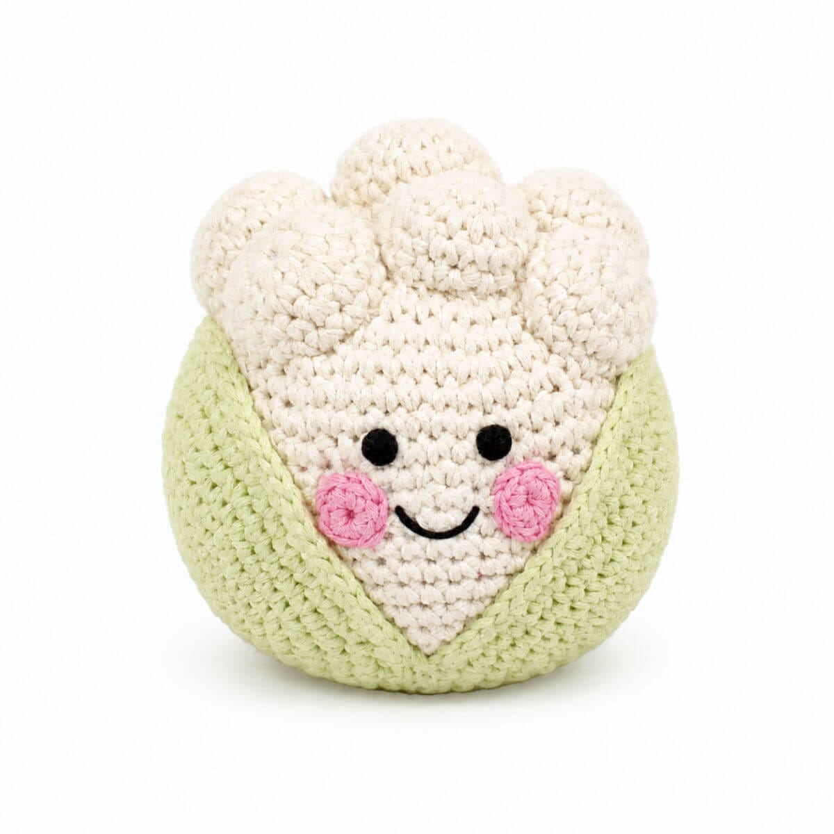 pebblechild cauiflower fairtrade crochet baby rattle in soft organic wool
