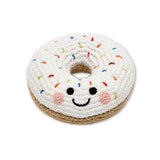 crochet baby rattle in organic wool doughnut white with sprinkles design fair-trade 