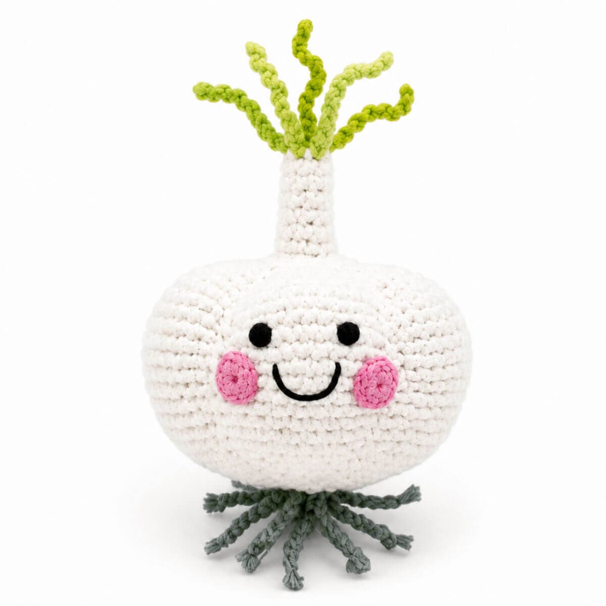 crochet baby rattle in organic soft wool in garlic bulb design 