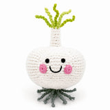 crochet baby rattle in organic soft wool in garlic bulb design 