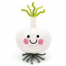 crochet baby rattle in organic soft wool in garlic bulb design 