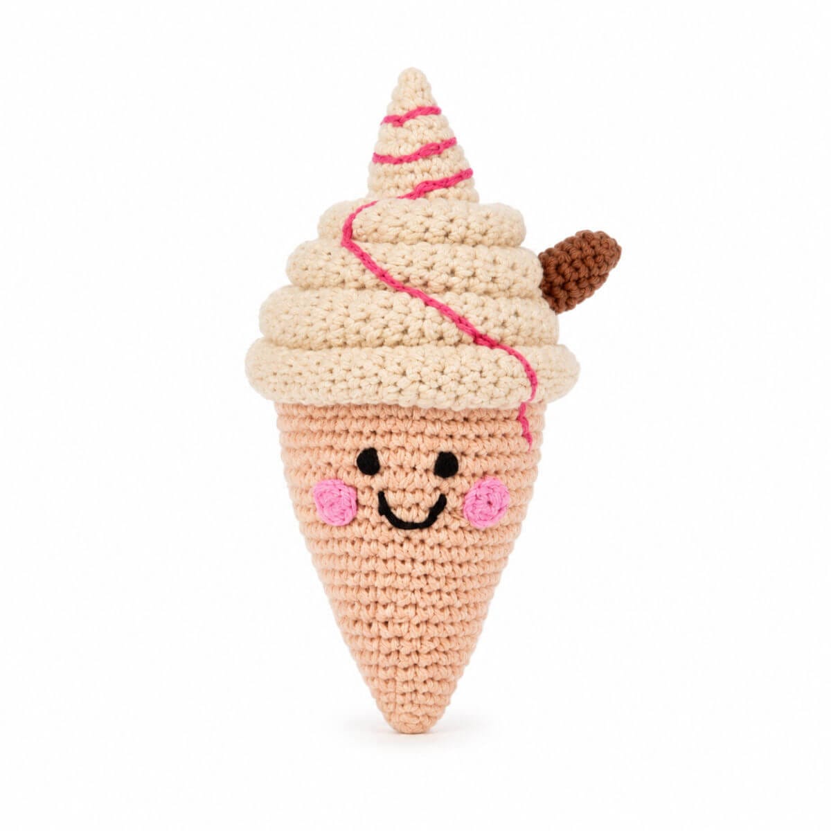 crochet soft wool baby rattle in raspberry ripple 99 ice cream