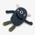 crochet baby rattle petrol blue three eyed monster soft organic wool
