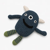 crochet baby rattle petrol blue three eyed monster soft organic wool
