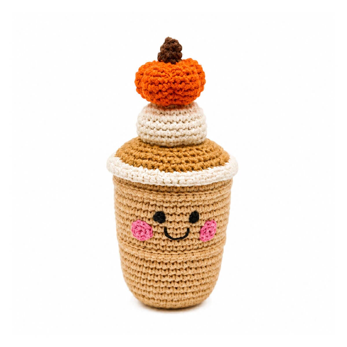 crochet baby rattle in pumpkin latte design