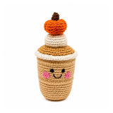crochet baby rattle in pumpkin latte design
