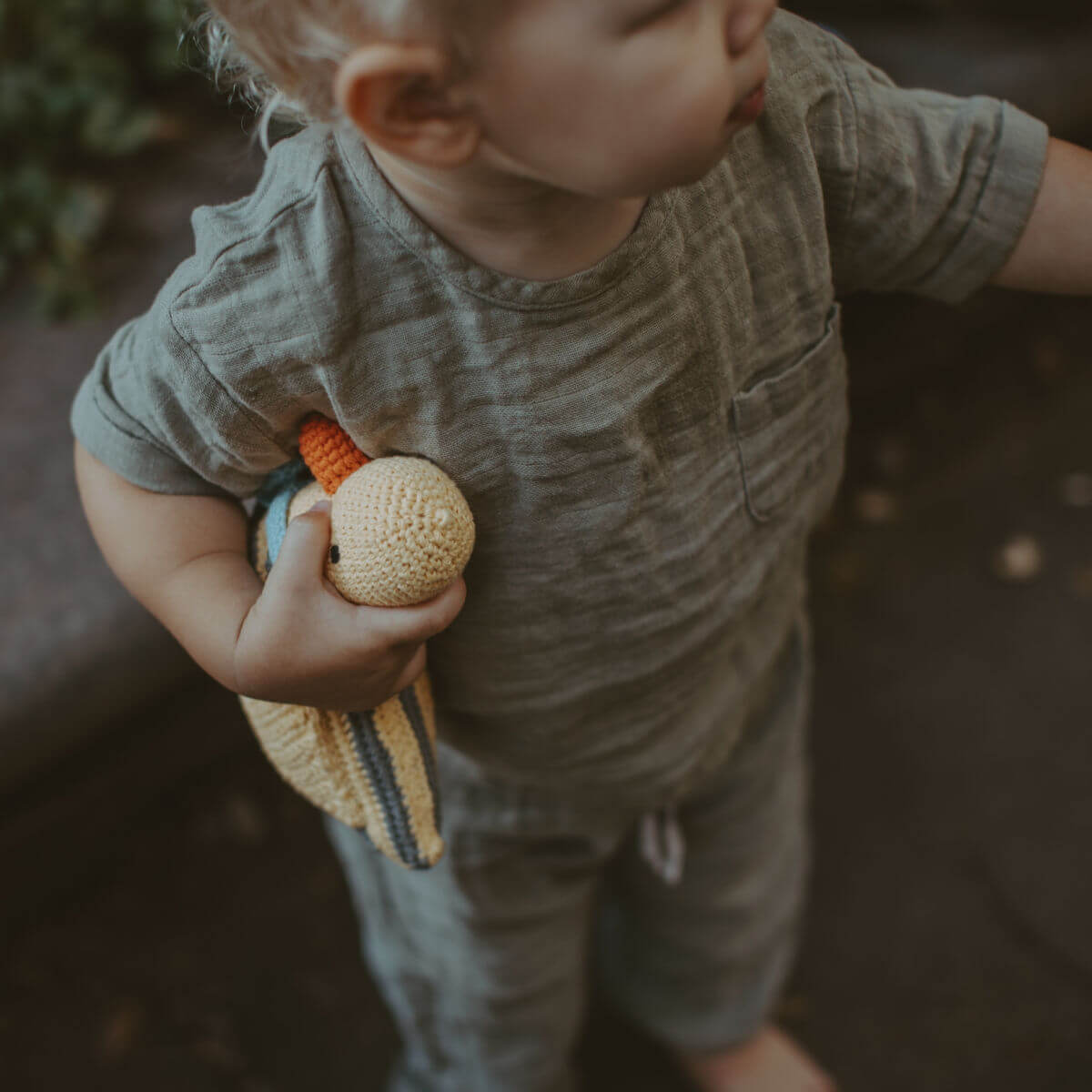 crochet baby rattle in yellow duck design by pebblechild